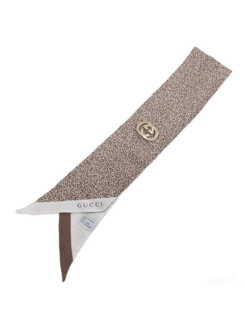Gucci GG Logo Silk Scarf Ribbon Tie Gold Brown Ivory